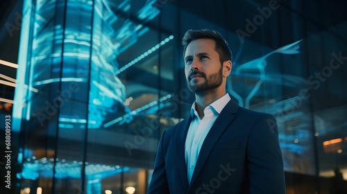 Confident Businessman with Modern Building Blue Hologram, Innovation, Technology, Contemporary, Executive