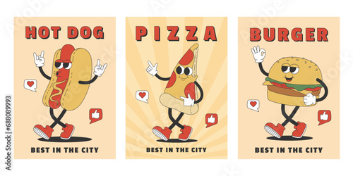 WebSet of trendy posters with groovy pizza, hot dog and burger. Cartoon characters in trendy retro style. Template for banner, poster, flyer. Vector illustration
