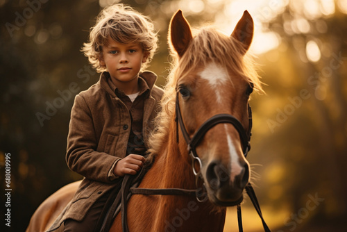 Young boy learning how to ride horse on golden colour horse © Ahmed
