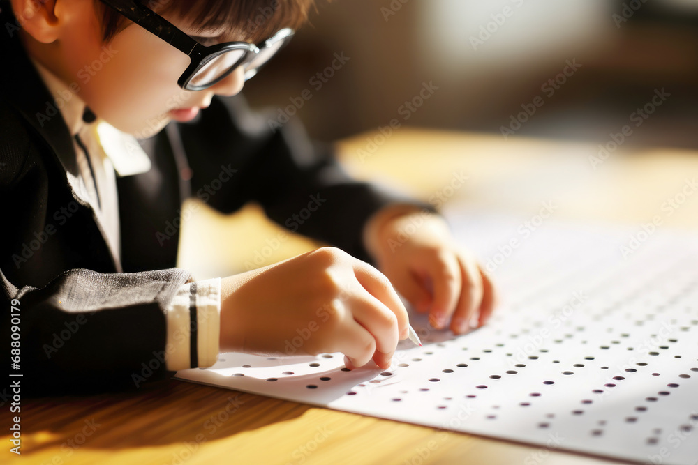 Visually impaired child in in glasses reading braille in the inclusive