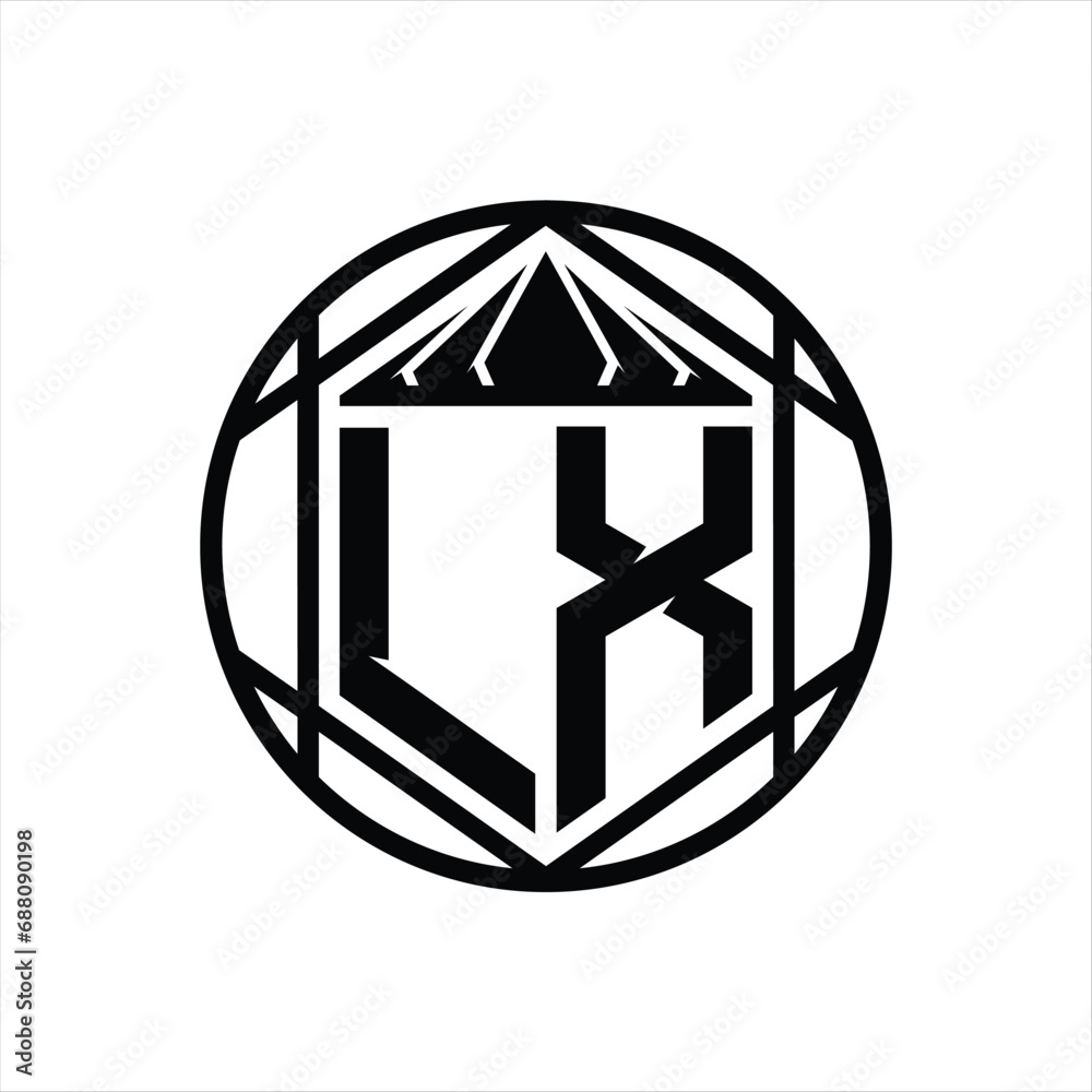 LX Letter Logo monogram hexagon slice crown sharp shield shape isolated circle abstract style design LX Letter Logo monogram hexagon slice crown sharp shield shape isolated circle abstract style design