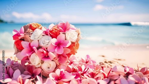 Heart shaped bouquet of pink frangipani and white roses on sandy shore. Clear blue sky and calm sea horizon evoke romantic beachside wedding theme, love, Valentine's Day. Holiday vacations, honeymoon photo
