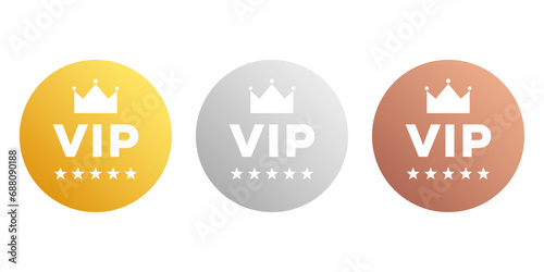 VIP badges in gold, silver and bronze color. Vector vip emblem sticker attractive set.