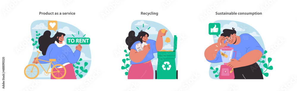 Eco-friendly practices set. Highlights renting over buying, diligent recycling, and mindful consumption. Promotes sustainable daily choices. Flat vector illustration. Eco-friendly practices set. Highlights renting over buying, diligent recycling, and mindful consumption. Promotes sustainable daily choices. Flat vector illustration.