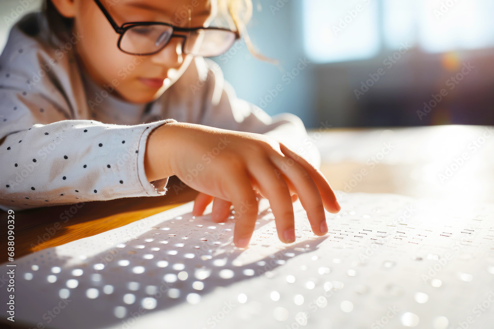 Visually impaired girl in in glasses reading braille in the inclusive