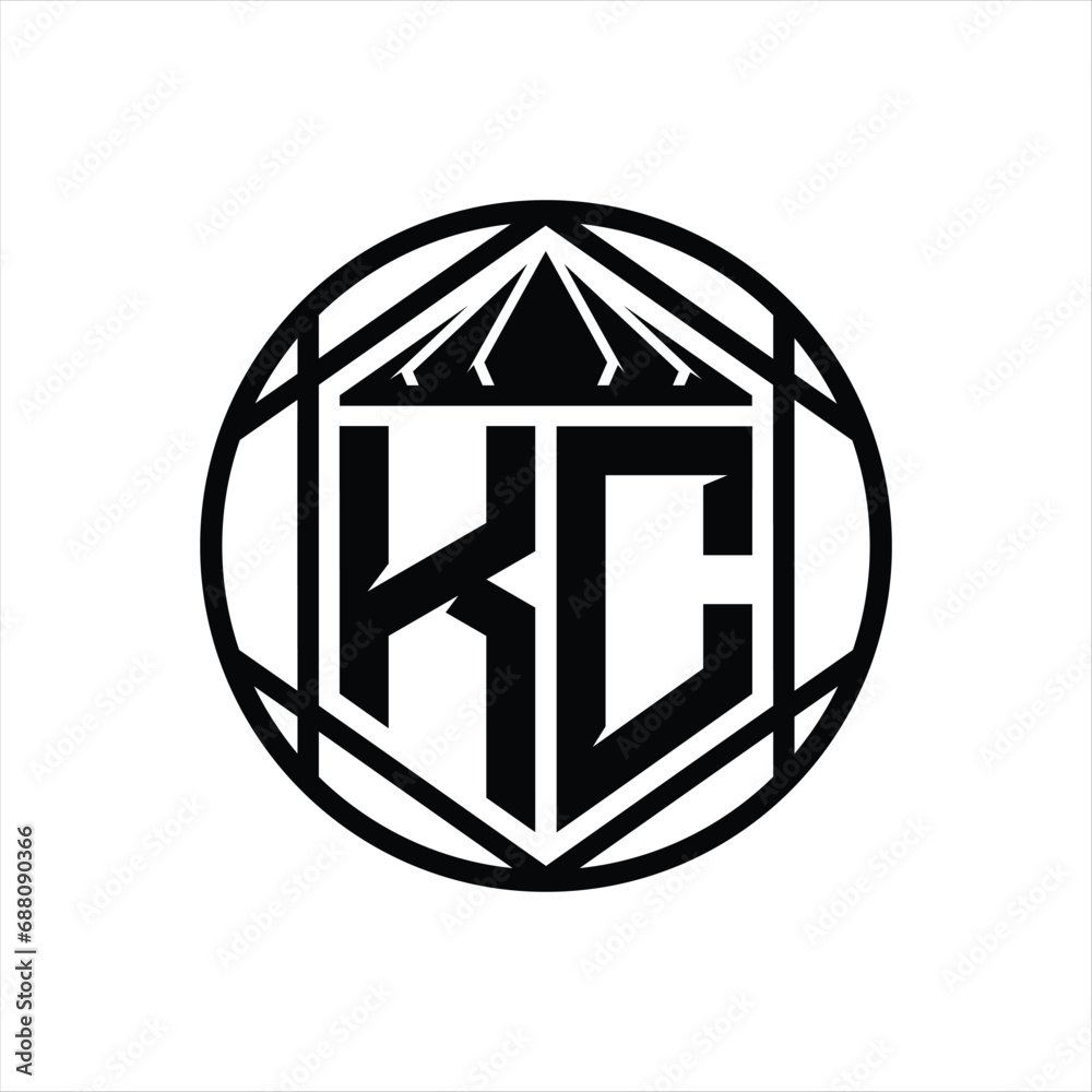KC Letter Logo monogram hexagon slice crown sharp shield shape isolated circle abstract style design KC Letter Logo monogram hexagon slice crown sharp shield shape isolated circle abstract style design