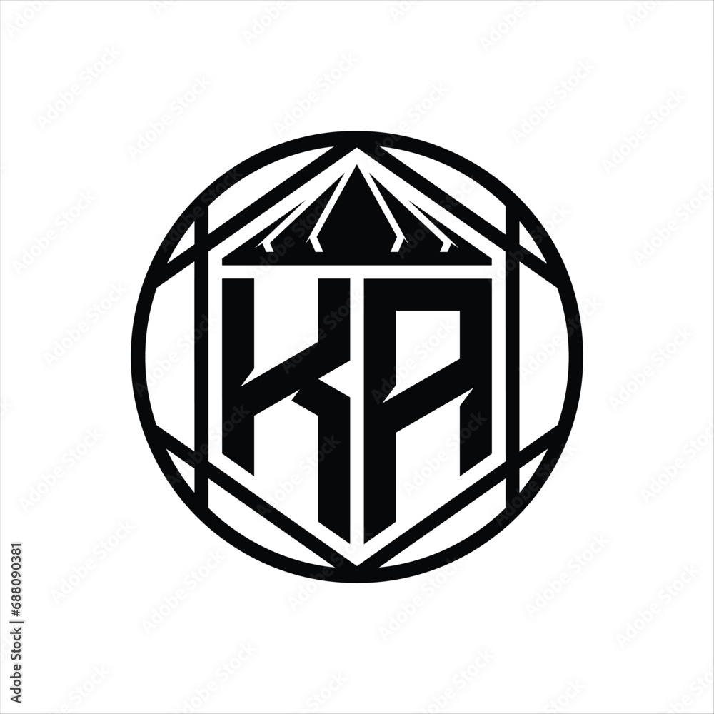 KA Letter Logo monogram hexagon slice crown sharp shield shape isolated circle abstract style design KA Letter Logo monogram hexagon slice crown sharp shield shape isolated circle abstract style design