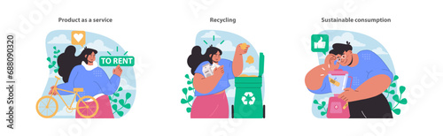 Eco-friendly practices set. Highlights renting over buying, diligent recycling, and mindful consumption. Promotes sustainable daily choices. Flat vector illustration.