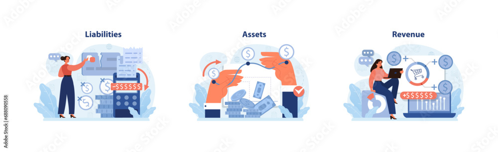 Finance trio concept. Delving into liabilities, maximizing assets, and achieving robust revenue. Flat vector illustration.