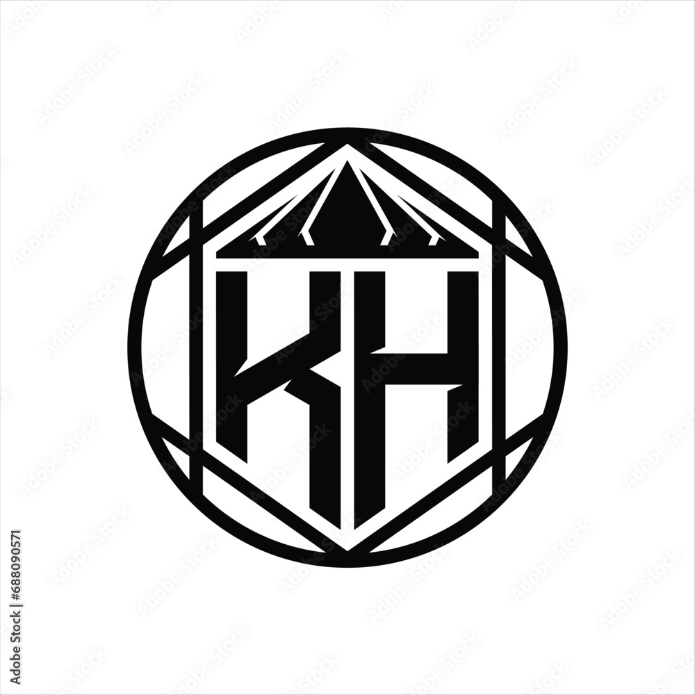 KH Letter Logo monogram hexagon slice crown sharp shield shape isolated circle abstract style design KH Letter Logo monogram hexagon slice crown sharp shield shape isolated circle abstract style design