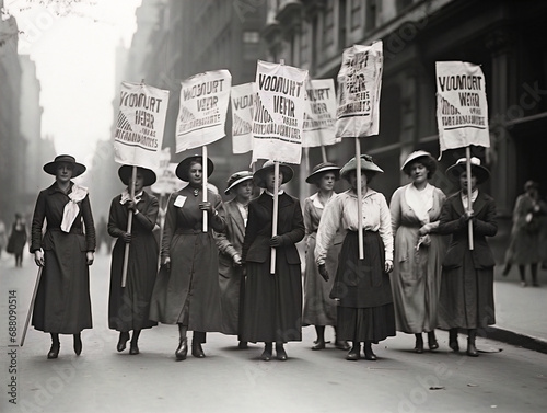 This image shows a group of women suffrage activists picketing, captured in an antique photo. photo