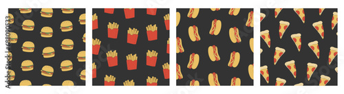 Set of seamless patterns with hot dog, burger, french fries and pizza. Cartoon elements on dark grey background. Vector illustration