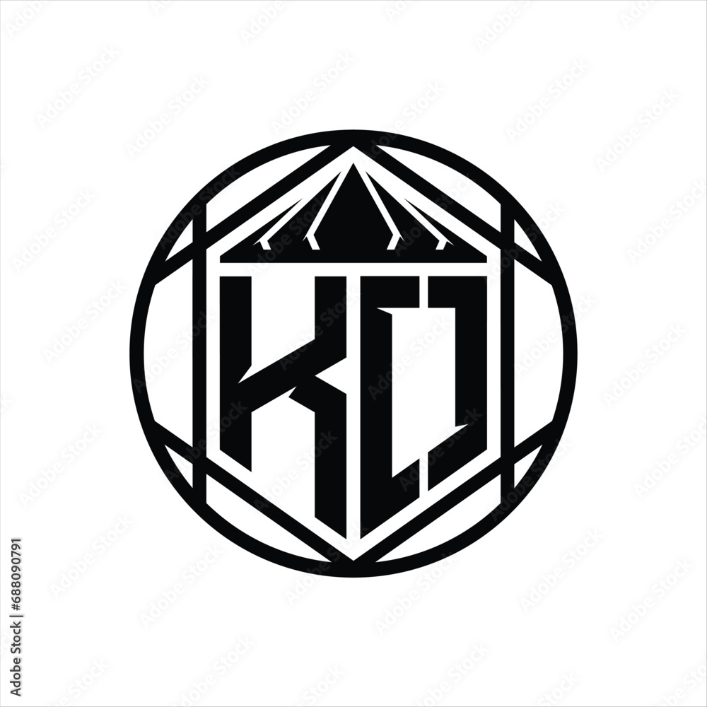 KO Letter Logo monogram hexagon slice crown sharp shield shape isolated circle abstract style design KO Letter Logo monogram hexagon slice crown sharp shield shape isolated circle abstract style design