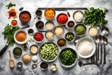 An immaculate mise en place scene, with precisely chopped vegetables, perfectly portioned spices, and gleaming stainless steel utensils on a marble countertop.