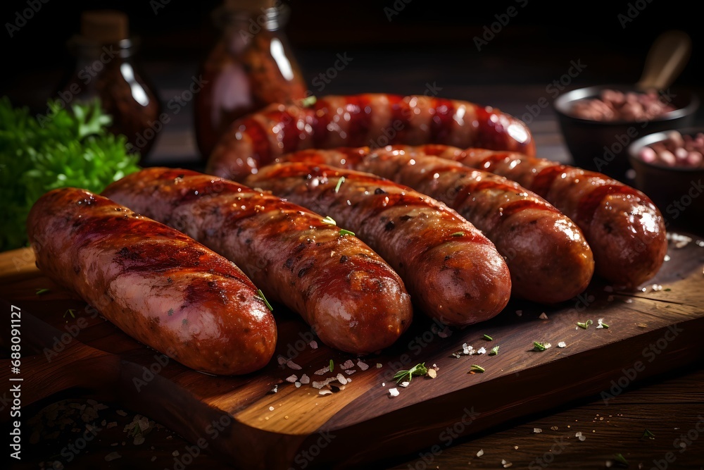 Close-Up Bratwurst Sausages on Rustic Table, Cooking, Food, Meat, Cuisine Close-Up Bratwurst Sausages on Rustic Table, Cooking, Food, Meat, Cuisine