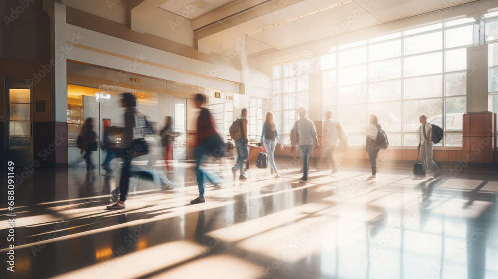 Busy indoor scene with blurred figures of people in motion Busy indoor scene with blurred figures of people in motion