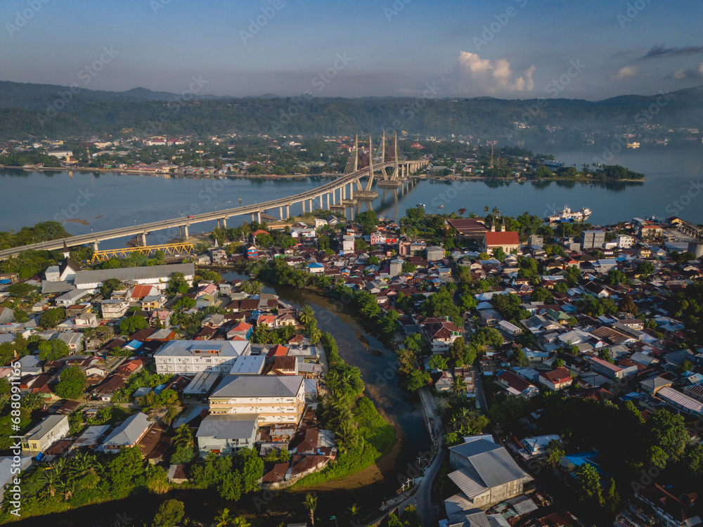 Aerial View of Merah Putih Bridge in Ambon Bay, Maluku, Indonesia