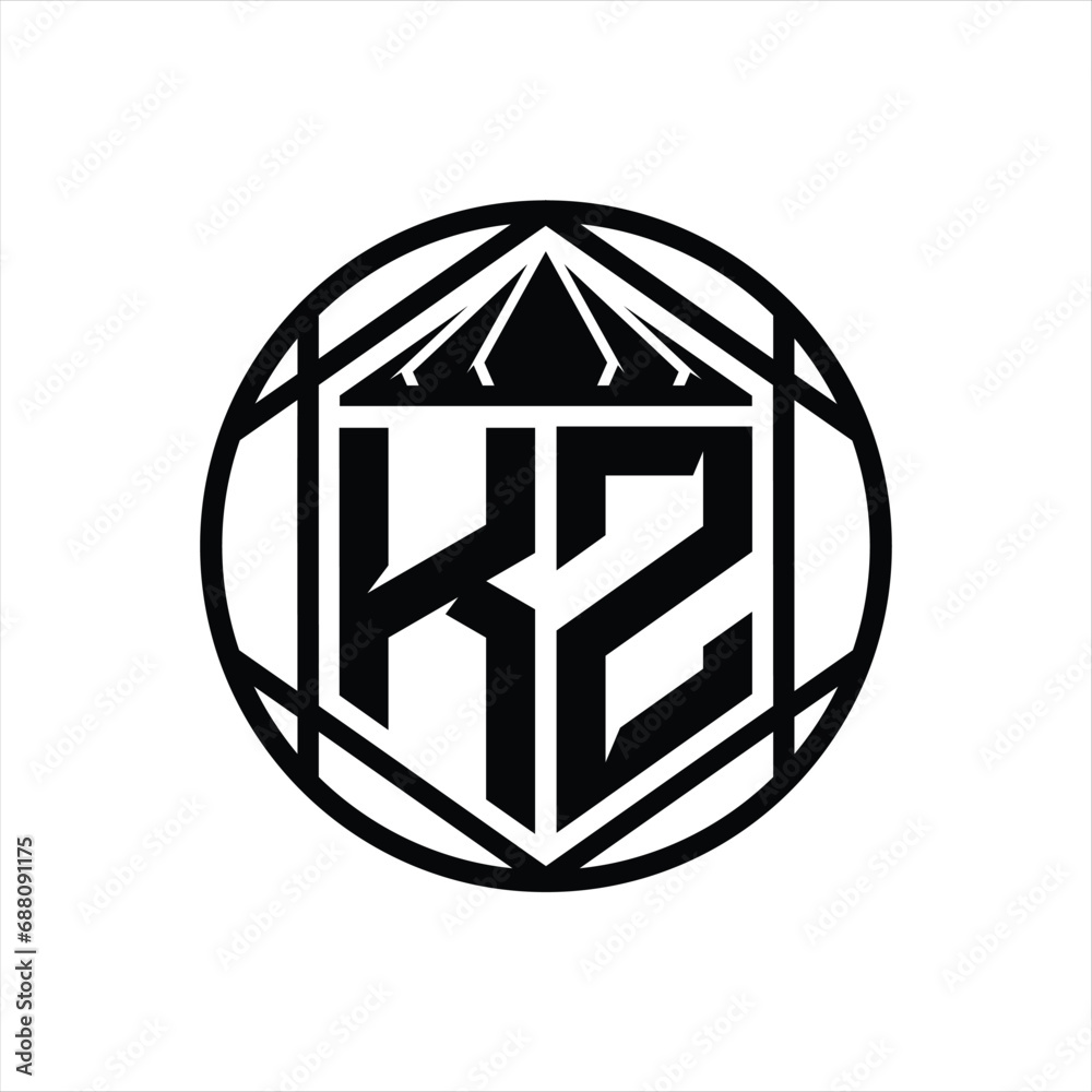 KZ Letter Logo monogram hexagon slice crown sharp shield shape isolated circle abstract style design