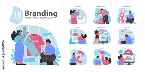 Branding set. Crafting corporate identity through design. Strategies for market presence. Essential elements for company recognition. Flat vector illustration.