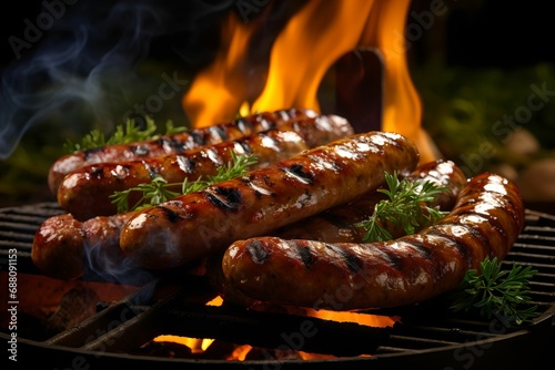 Sizzling Bratwurst on Summer BBQ, Juicy, Barbecue, Grilling, Food photo