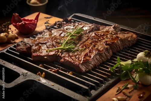 Succulent Grilled Steak on Hotplate, Savory, Seasonings, Delicious, Juicy