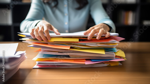 Close-up of a woman's hands organizing a large stack of documents and folders on a wooden desk