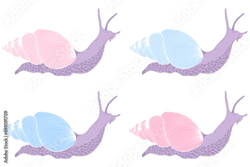 Set of snail silhouettes. Character snail. Vector graphics.