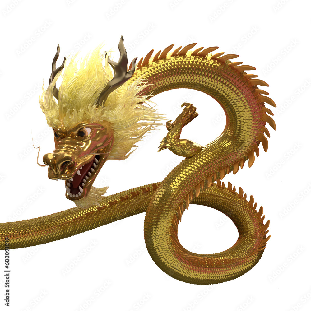 Fototapeta premium Elegant Chinese Gold Dragon strike an 8 figure pose, transparent background