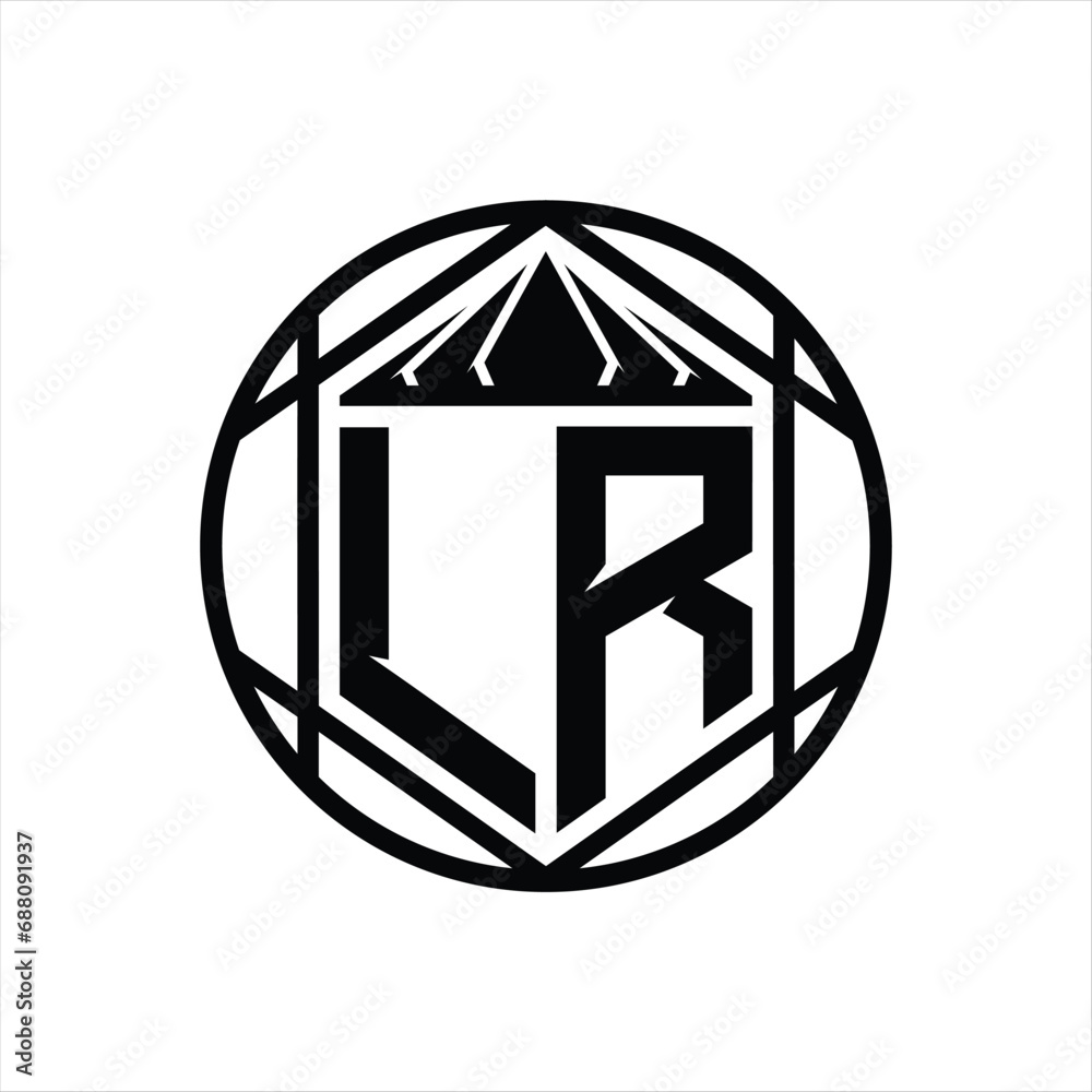 LR Letter Logo monogram hexagon slice crown sharp shield shape isolated circle abstract style design LR Letter Logo monogram hexagon slice crown sharp shield shape isolated circle abstract style design