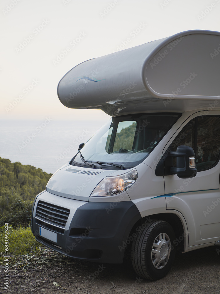 Motor home close up by the sea parked to overnight