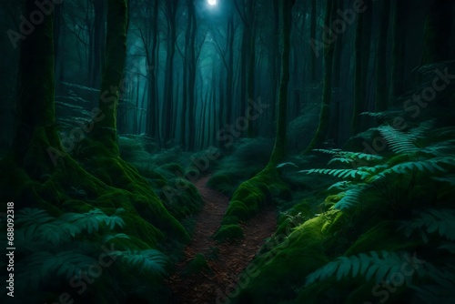 A magnificent enchanted woodland straight out of a fairy tale, illuminated by a full moon that highlights the lush foliage and trees. © Amazing-World