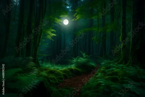 A magnificent enchanted woodland straight out of a fairy tale, illuminated by a full moon that highlights the lush foliage and trees. © Amazing-World