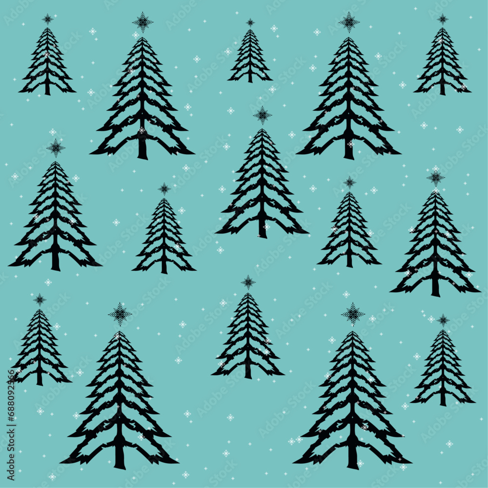 A Hand draw Christmas tree pattern design and snow vector pattern, winter trees and Chistmas trees with snow on isolated blue background concepts vector