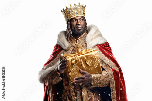 rey mago de oriente Baltasar sosteniendo un paquete regalo entre las manos dorado, sobre fondo blanco.Concepto navidad, dia de Reyes photo
