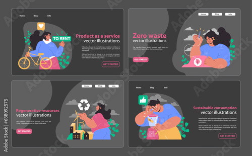 Circular economy dark or night mode web, landing. Showcasing product rental benefits, waste minimization, renewable energy, and conscious consumption. Flat vector illustrations for digital platforms.