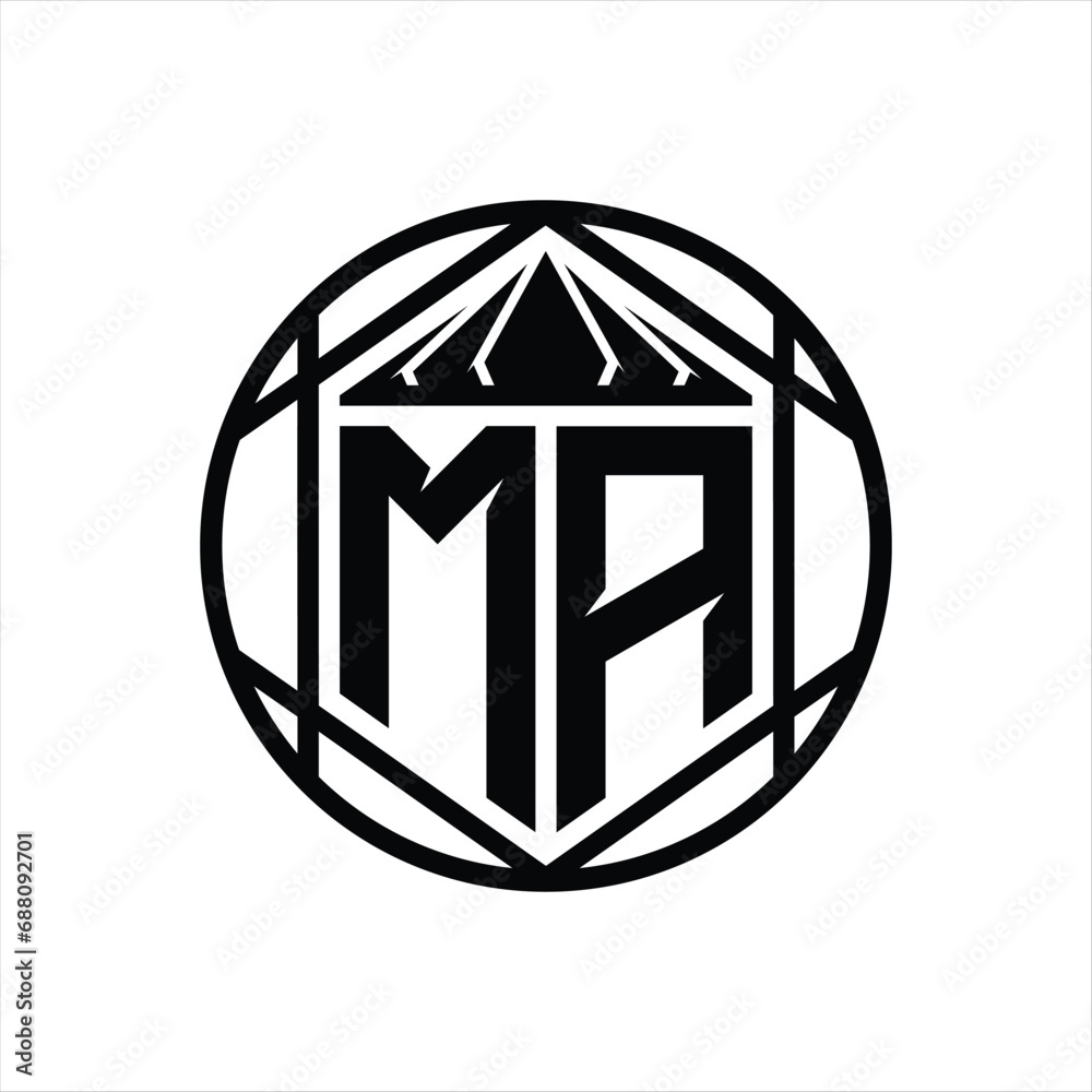 MA Letter Logo monogram hexagon slice crown sharp shield shape isolated circle abstract style design MA Letter Logo monogram hexagon slice crown sharp shield shape isolated circle abstract style design