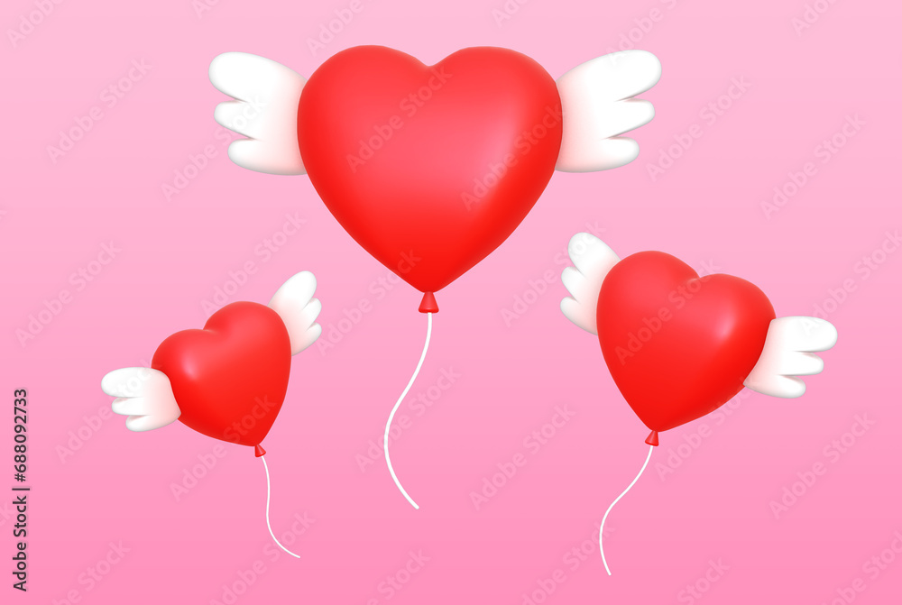 Bunch of red heart shape balloons with white wings. Cute 3d render cartoon icon illustration.