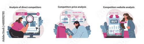 Competitive analysis trio set. Intense scrutiny of direct competitors, meticulous price benchmarking, and strategic website evaluations for business advantage. Flat vector illustration.