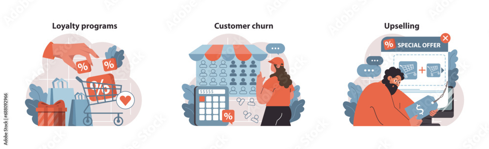 Business strategies set. Engaging loyalty programs with discounts, tackling customer churn via insights, and upselling through enticing special offers. Dynamic sales. Flat vector.