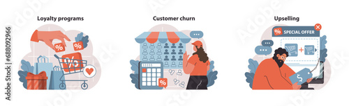 Business strategies set. Engaging loyalty programs with discounts, tackling customer churn via insights, and upselling through enticing special offers. Dynamic sales. Flat vector.