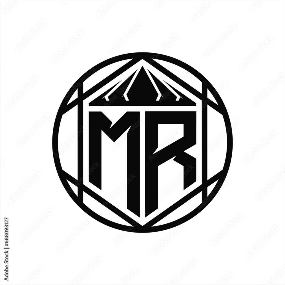 MR Letter Logo monogram hexagon slice crown sharp shield shape isolated circle abstract style design MR Letter Logo monogram hexagon slice crown sharp shield shape isolated circle abstract style design