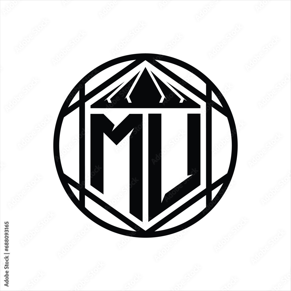 MU Letter Logo monogram hexagon slice crown sharp shield shape isolated circle abstract style design MU Letter Logo monogram hexagon slice crown sharp shield shape isolated circle abstract style design