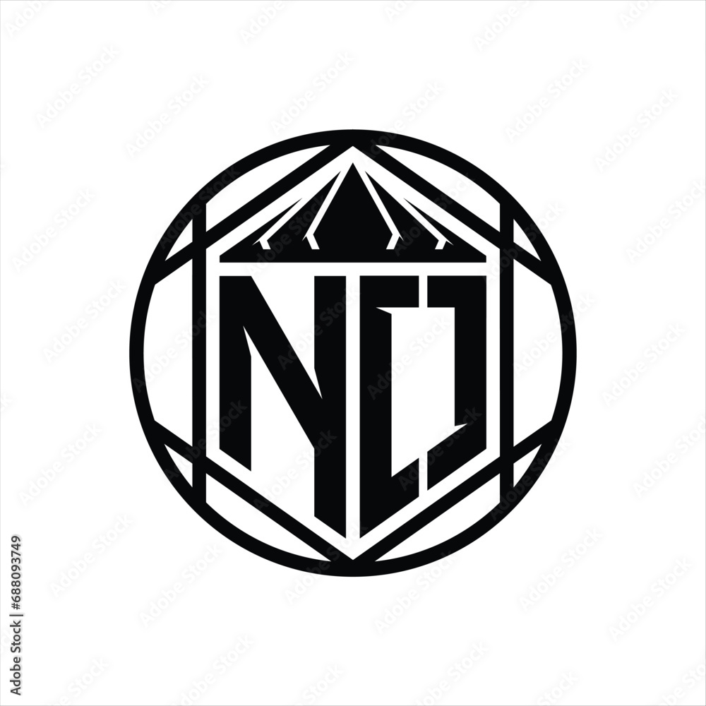NO Letter Logo monogram hexagon slice crown sharp shield shape isolated circle abstract style design