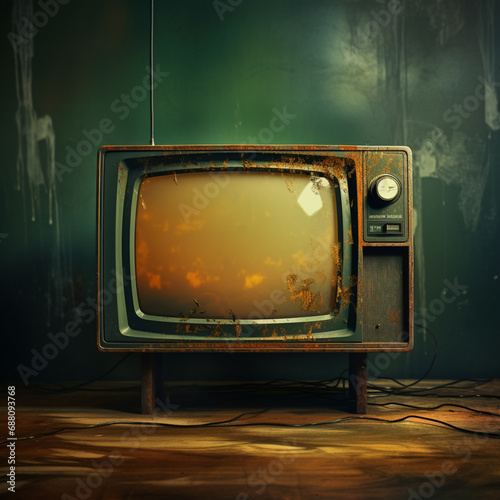 an old tv on display, in the style of dark green and dark beige