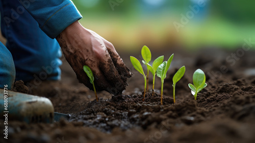 Person's hands planting young green seedlings in the soil, indicative of gardening, agriculture