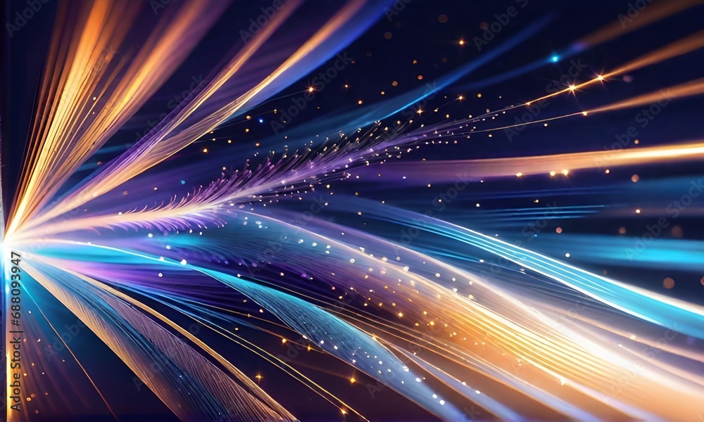 Fototapeta premium Dark background with futuristic optical fiber patterns in magenta and blue light waves. Generative AI