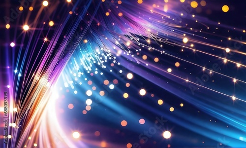 Dark background with futuristic optical fiber patterns in magenta and blue light waves. Generative AI
