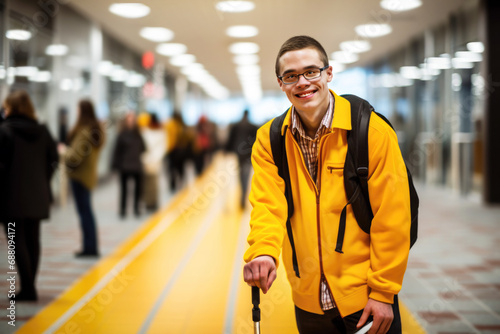 Portrait of the disabled man with cerebral palsy is walking with the help of cane along in a railway station. Concept accessibility environment in public spaces. Inclusive infrastructure photo