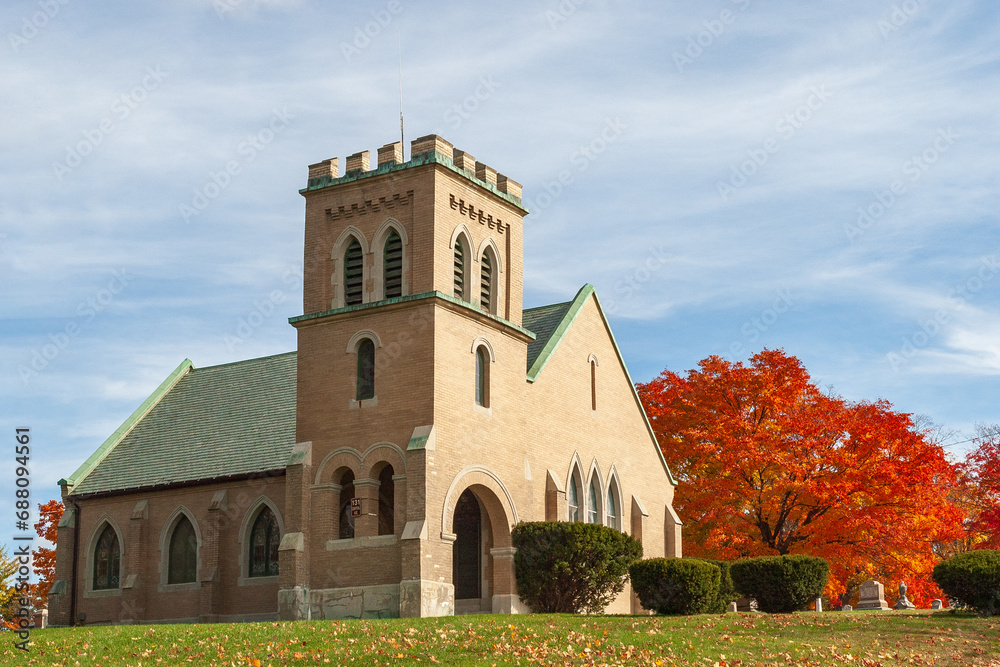 Pine Hill Cemetery Chapel in Fall