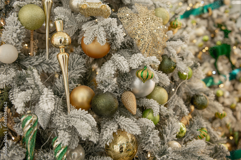 Christmas decorations in gold and mint colors, New Year tree,background. High quality 